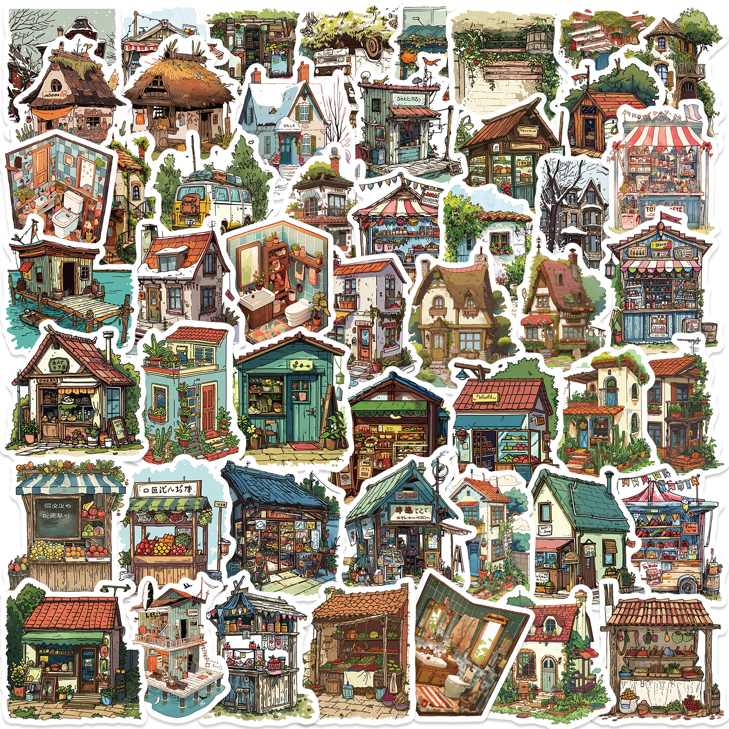 Kids Toys Vintage - 50pcs Vintage Retro Small House Stickers